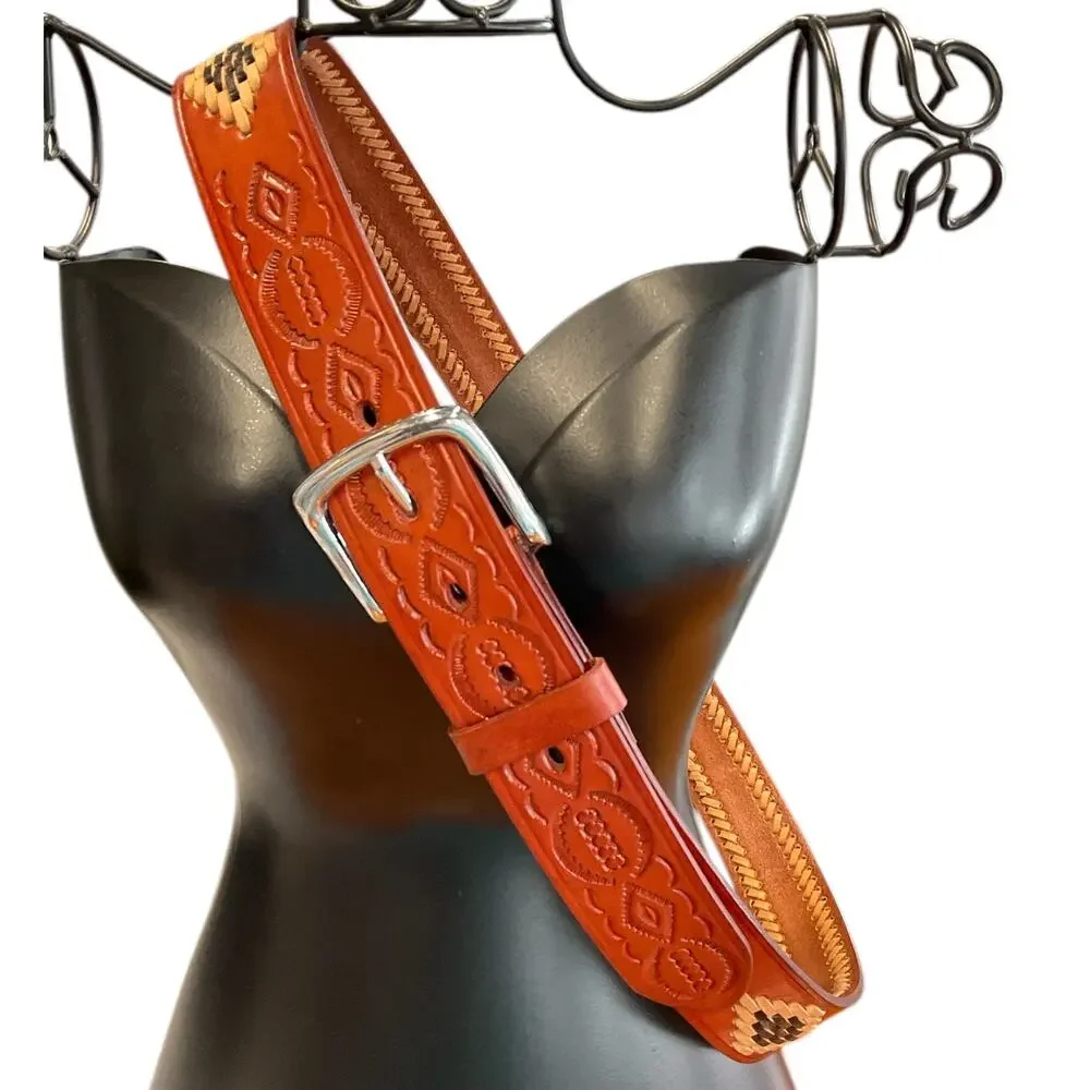 Red Brown Leather Mens 42 Western Belt Tan Dark Brown Stitching Southwest Cowboy